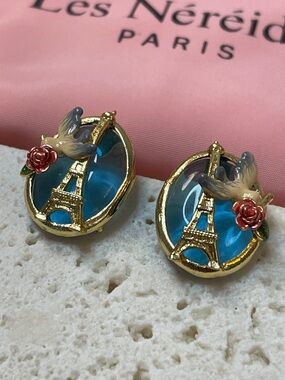 Les Néréides Eiffel Tower Earrings Paris Blue Enamel Dove Rose